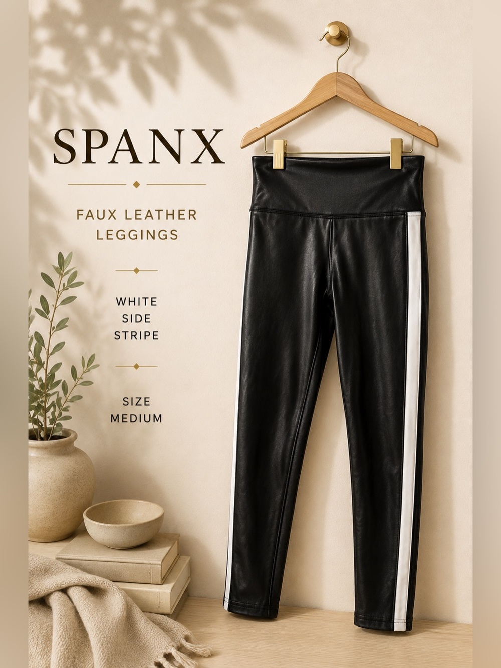 SPANX Black Faux Leather White Side Stripe Leggings Size Medium